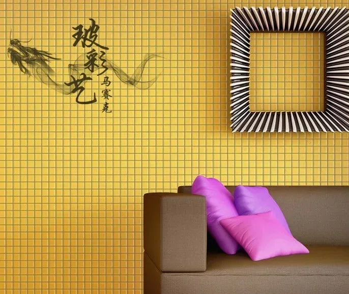 Yellow ceramic mosaic tile sheet with small square tiles and dark grout lines