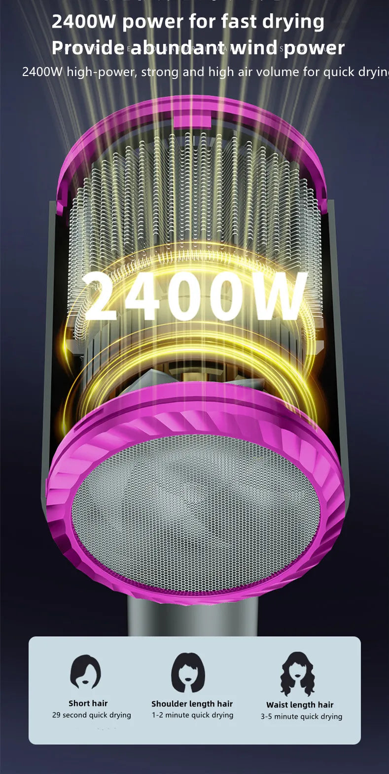 2400W purple high-speed ionic hair dryer showing powerful internal motor and mesh filter for fast salon-quality drying.