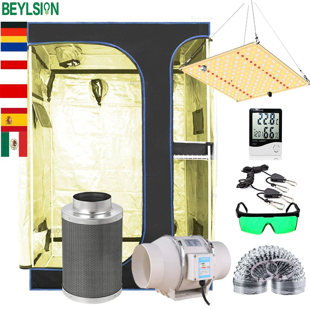 Grow tent kit set with LED grow light, air filter, duct fan, clips, and carbon filter canister