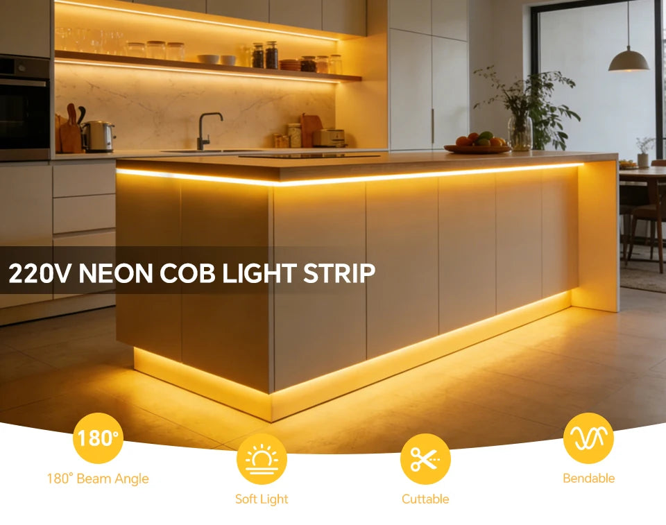 Super Bright 220V COB LED Strip with Switch FOB Tape Ribbon EU Plug 2M 5M 30M 25M 20M 15M 10M LED Lights For Kitchen Room Decor