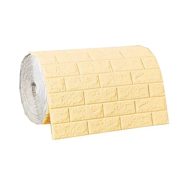 Pale yellow 3D brick self-adhesive foam wallpaper roll, embossed rectangular brick texture