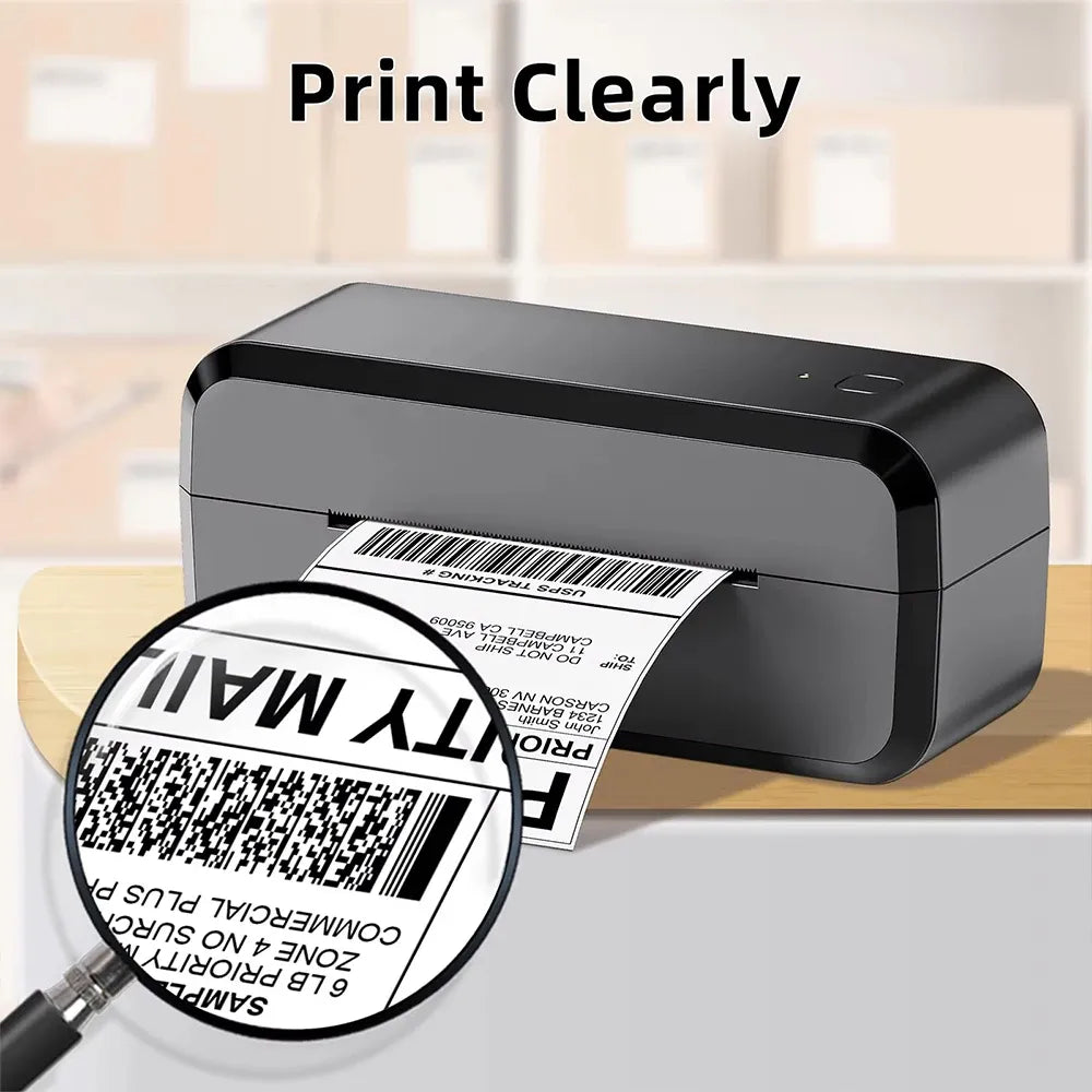 4x6 thermal shipping label printing on a label printer, magnified barcode detail