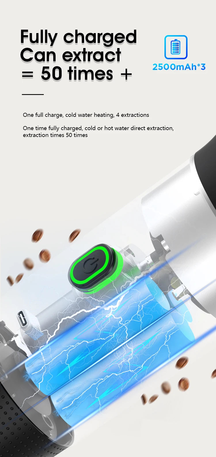 Portable electric espresso maker with 7500mAh battery for 50+ extractions, silver and black design.