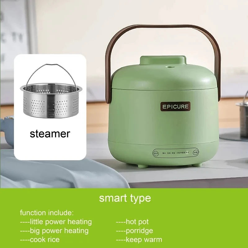 Green electric cooker with steaming basket illustration and smart type heating functions