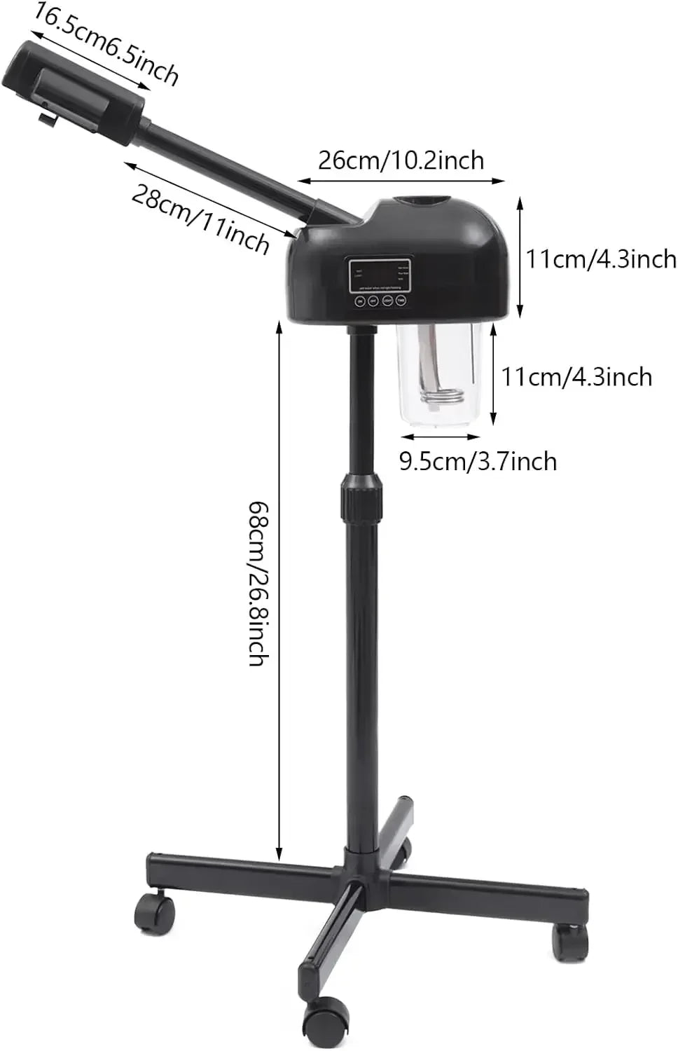 Black height-adjustable facial steamer with LCD screen, water tank, and rolling wheels for salon or home spa use.