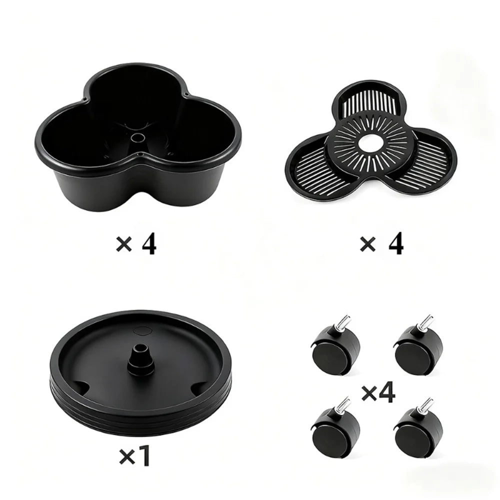 Black vertical garden planter components set, including fan lid parts and caster wheels