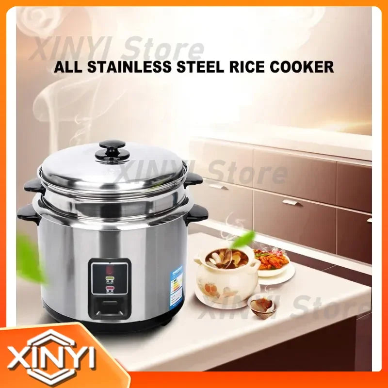 Stainless steel rice cooker with glass lid knob and front digital display panel