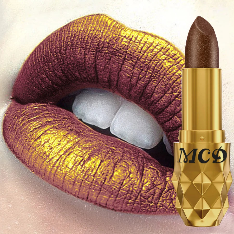 Metallic bronze pearlescent lipstick with intense glitter finish for bold, long-lasting lip makeup.
