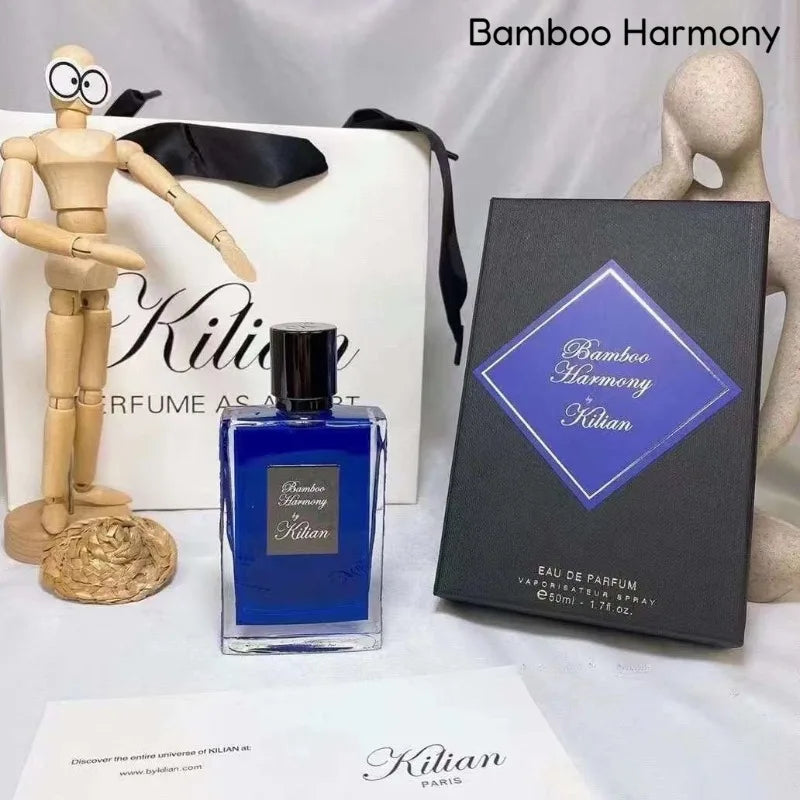 Kilian Bamboo Harmony 50ml EDP: Unisex woody floral niche perfume in a square blue glass bottle with gift box.