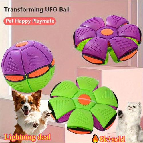 Durable transforming UFO dog ball toy in purple and green for interactive pet training, play, and exercise.