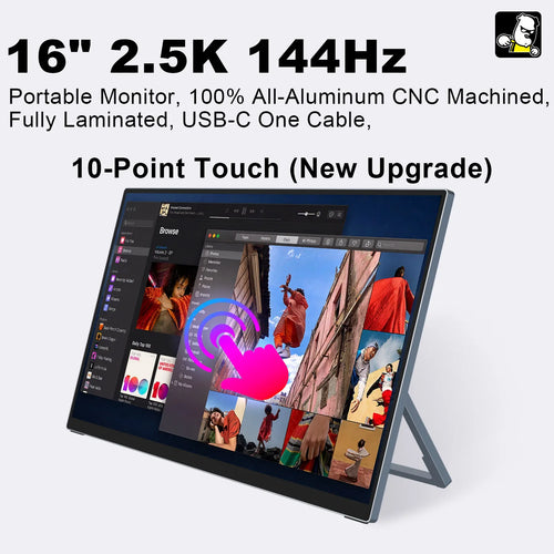 16-inch portable monitor with gray aluminum frame, 2.5K touchscreen, and a stand in a tilted front-facing view.