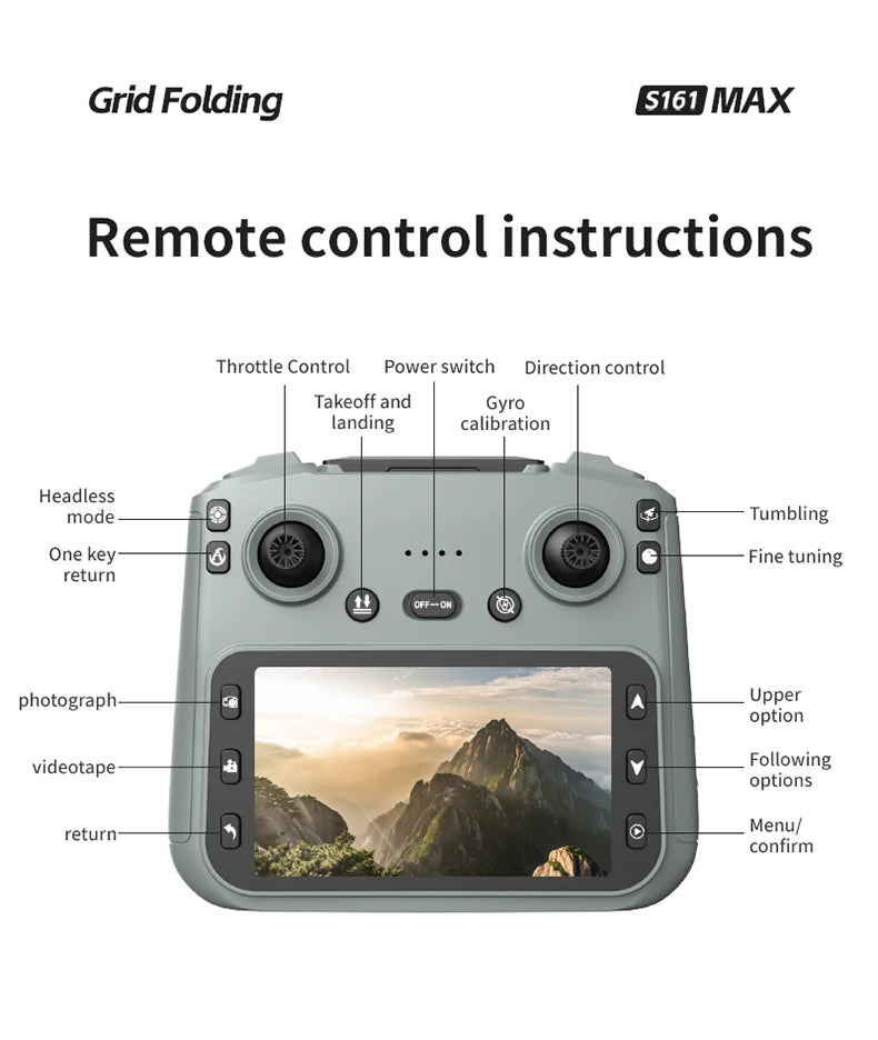 Gray S161 MAX drone remote control with screen, joysticks, and labeled buttons for flight and camera operation.