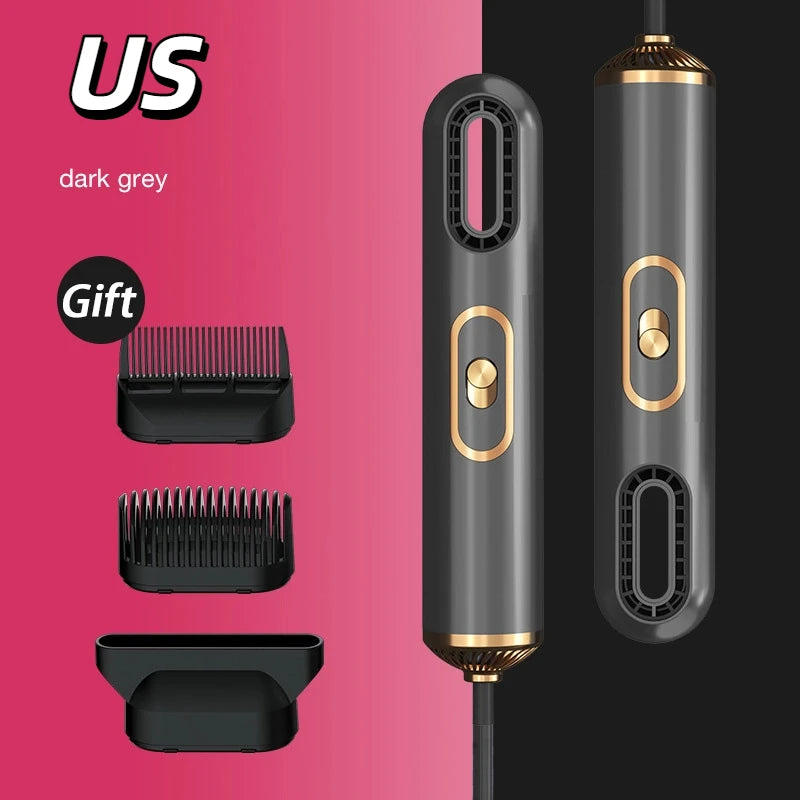 Dark grey professional ionic hair dryer with gold accents, three attachments, and powerful high-speed airflow.