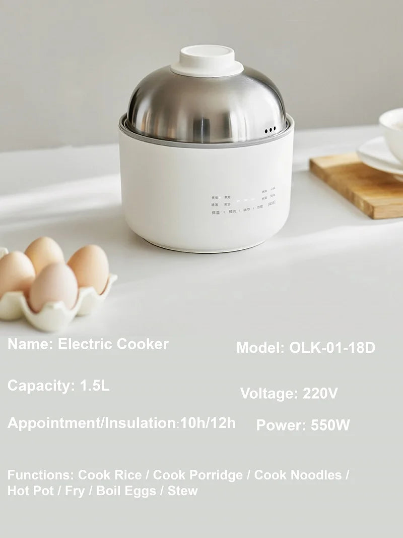 1.5L electric rice cooker with stainless steel lid and white ceramic non-stick pot