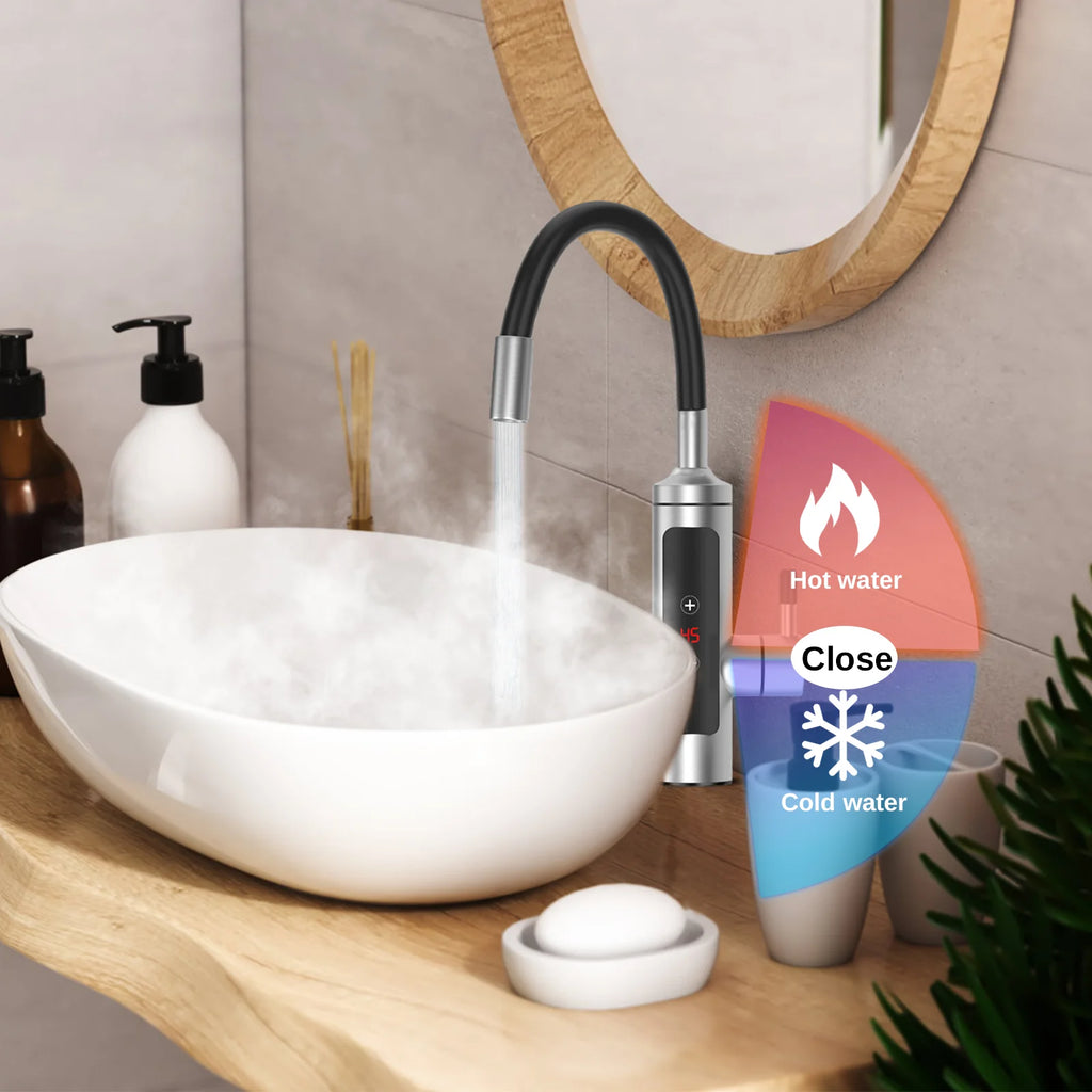 Instantaneous Water Heater Tap with Temperature Display,360° Rotatable Stainless Steel Kitchen Electric Heating Faucet