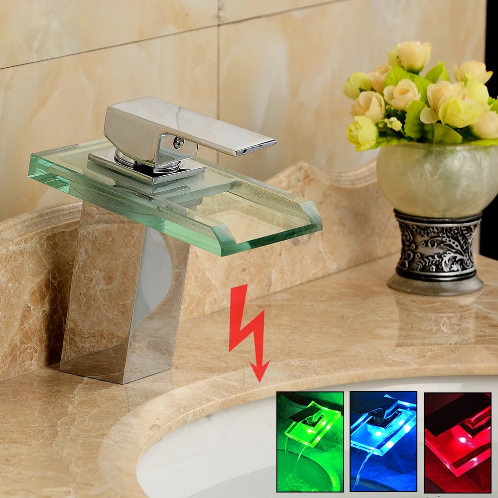Smart Bathroom Faucet with Temp Light, Anti-Scald LED Indicator, Brass Construction, Waterfall Faucet, LED Color Changing