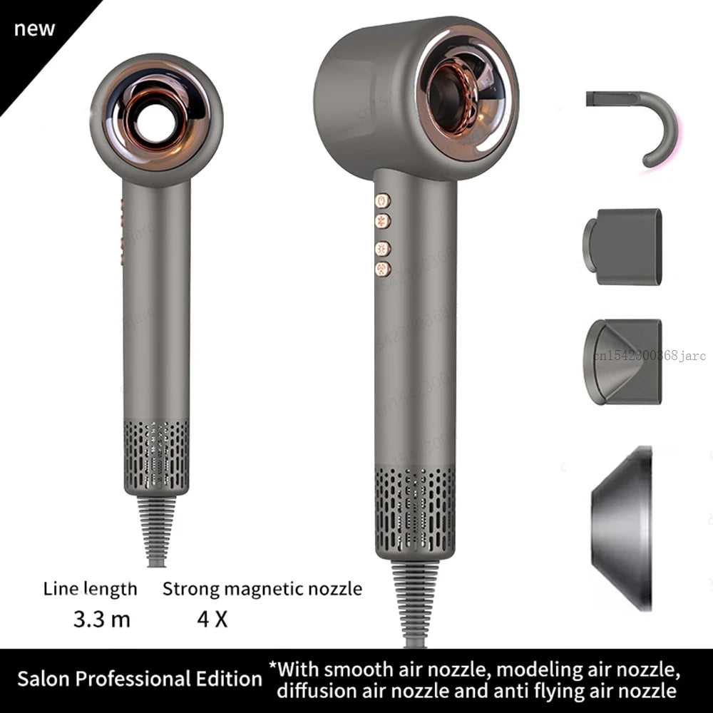 Grey negative ion hair dryer with 4 magnetic nozzles, professional salon-grade leafless design and 3.3m power cord.