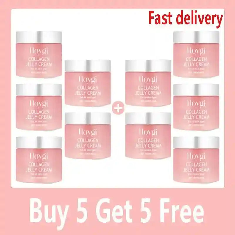 Ten pink jars of Hoygi Collagen Jelly Cream arranged in a grid, featuring white lids and branding text.