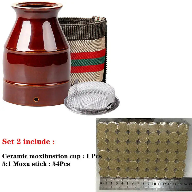 Brown ceramic moxibustion cup with a strap, metal mesh filter, and 54 small cylindrical moxa sticks.
