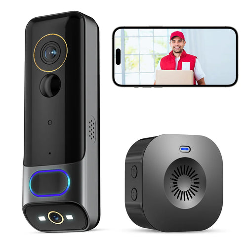Black dual-lens doorbell with blue-lit button, paired with indoor chime