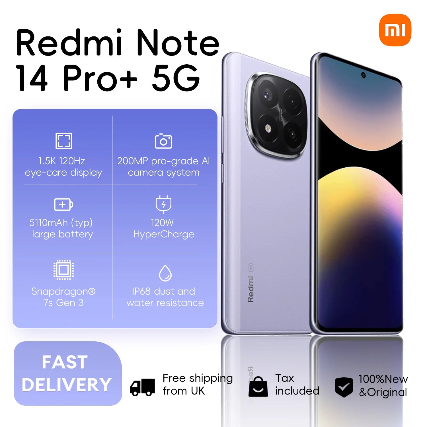Xiaomi Redmi Note 14 Pro+ 5G 8+256GB 200MP Al Camera 5110mAh 120W Charge Snapdragon 7s Gen3 120Hz 6.67" AMOLED Display IP68 NFC