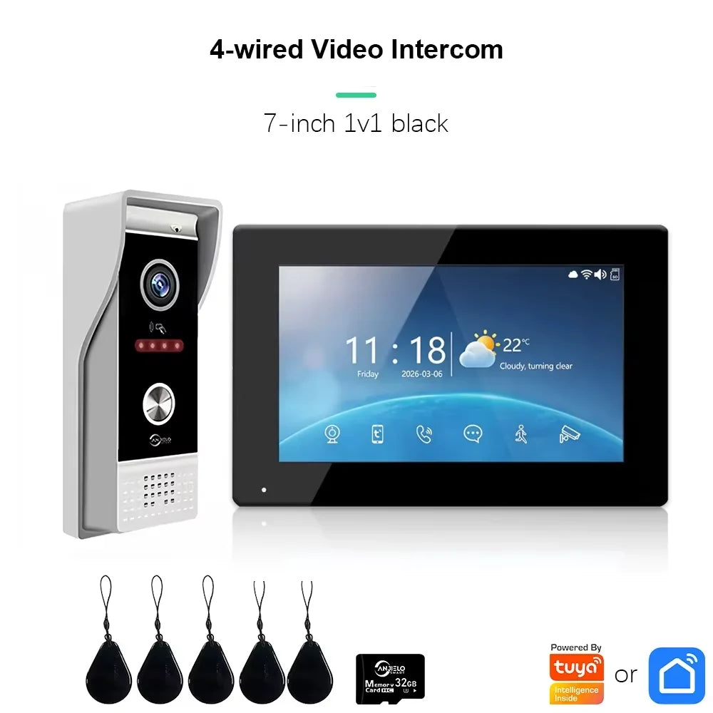4-wired video intercom with 7-inch monitor, black display, single door station