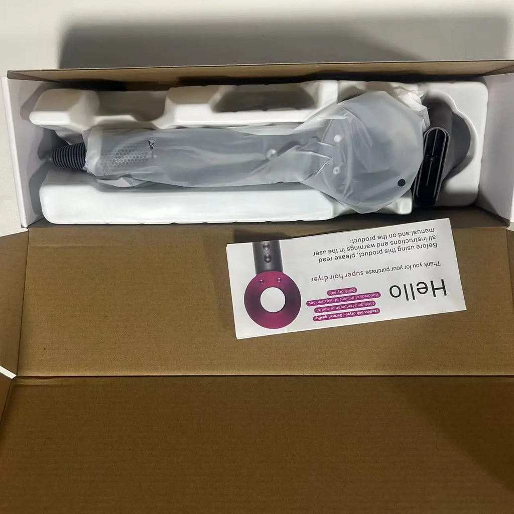 New 5-in-1 ionic leafless hair dryer in box with diffuser attachment and manual for professional salon hair care.