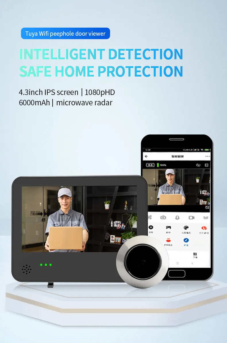 DANMINI 4.3'' Smart Door Peephole Camera WiFi Tuya Human Detection 6000mAh 120° 2KHD  3MP IPS HD Screen Remote Video Eye