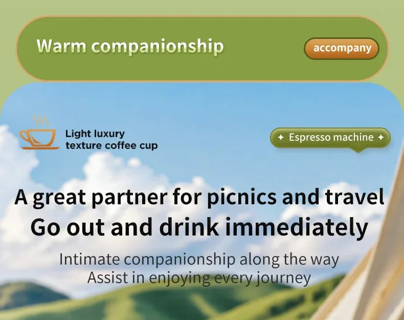 Portable light luxury espresso machine for travel and picnics, outdoor coffee maker with sleek aesthetic design.