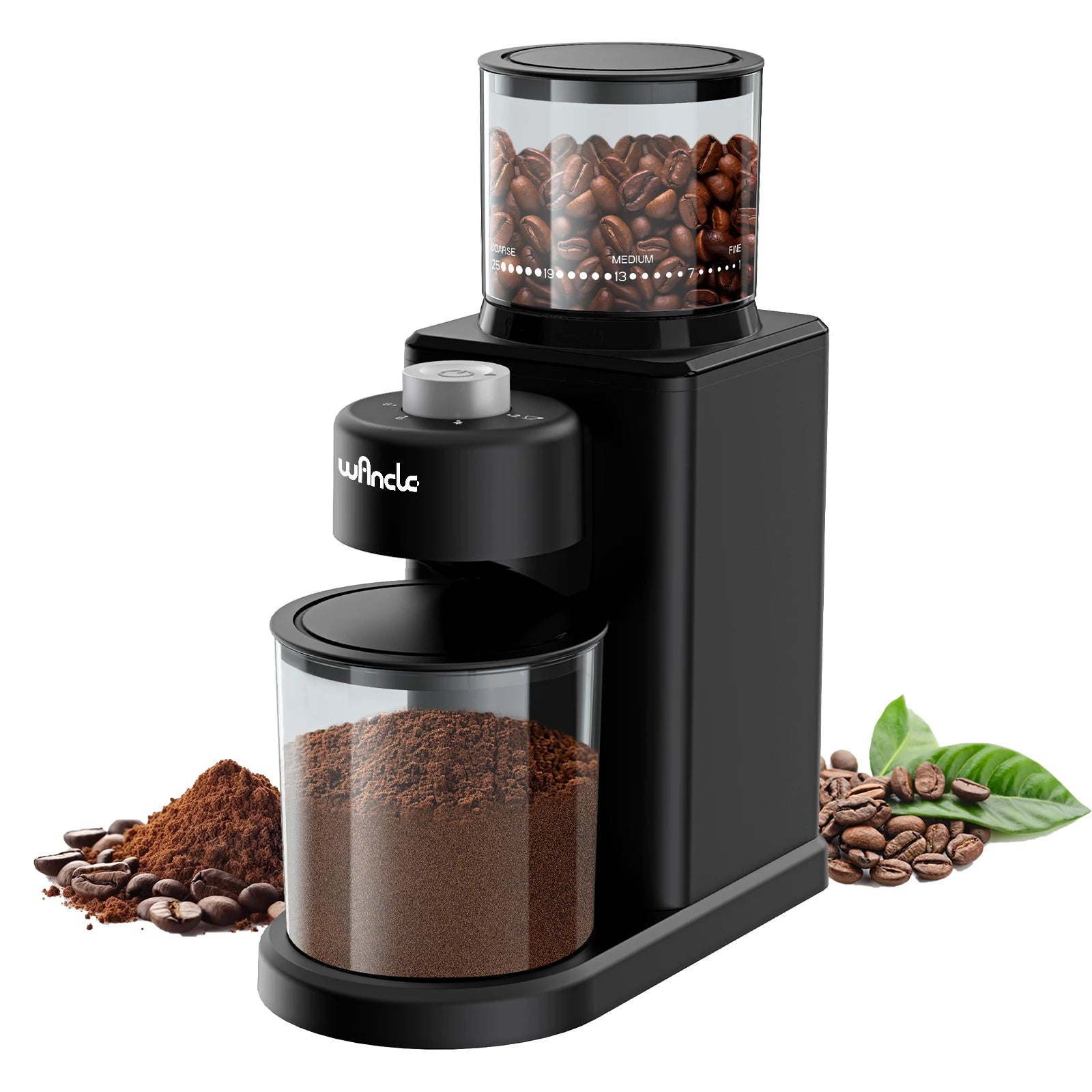 Wancle black electric coffee bean grinder with clear hopper, grounds container, and precise grind size adjustment dial.