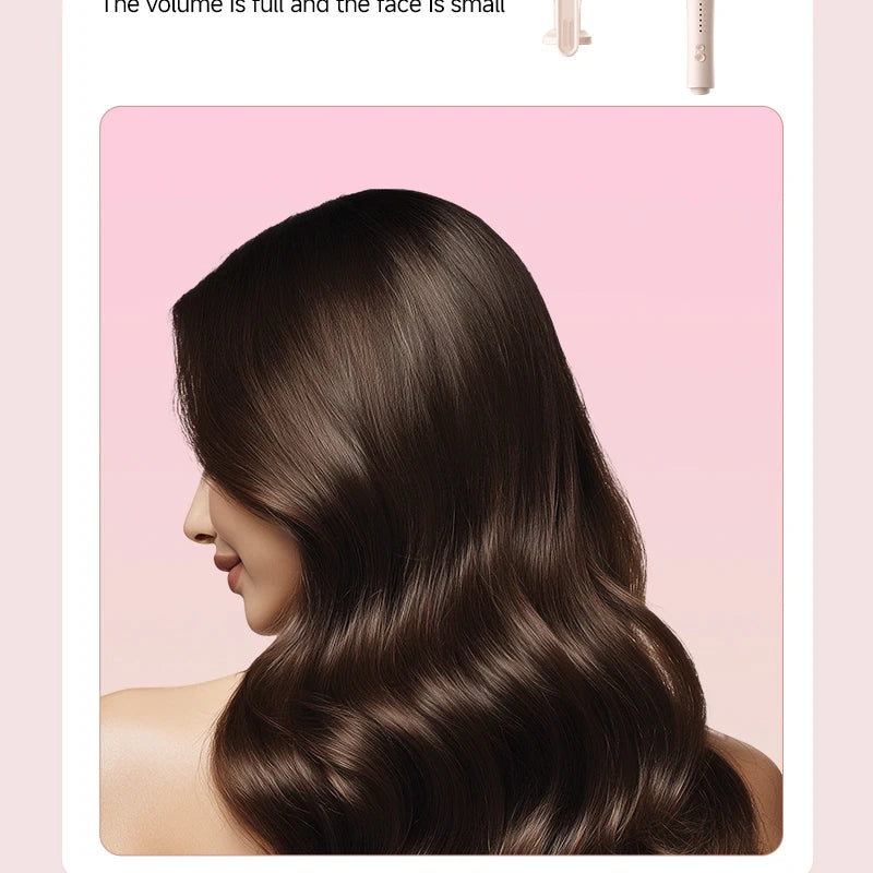 Rose gold automatic curling iron creating shiny, wavy hair with negative ion hair care and smart temperature control.