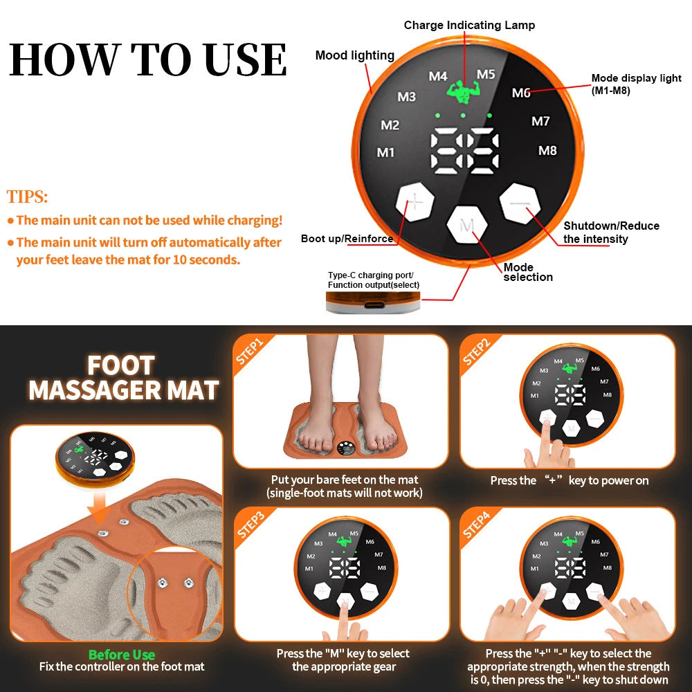 Foldable Electric Foot Massager Mat - 8 Mode Muscle Stimulator Relaxation Treatment Tidesmit