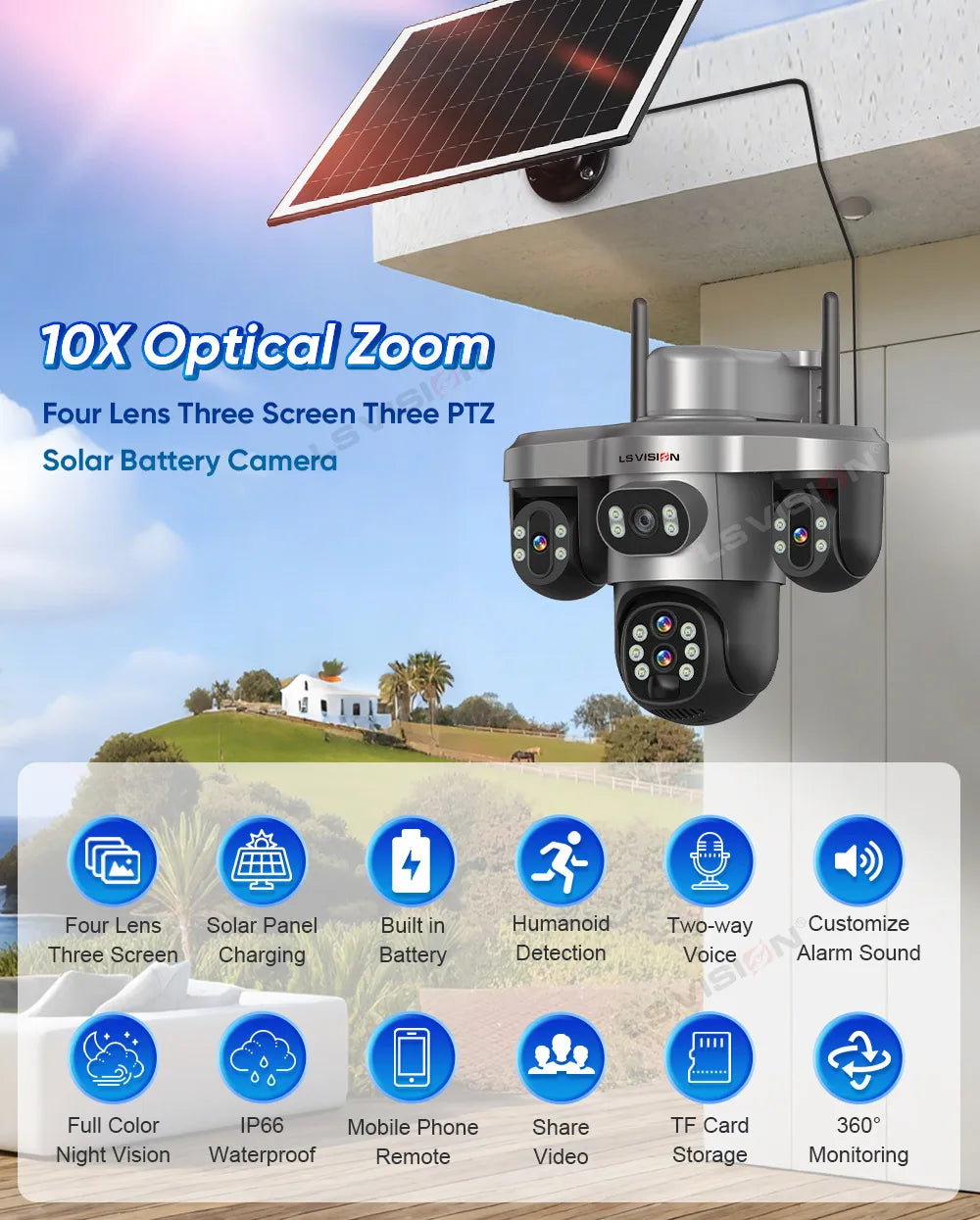 LS VISION 20MP 10X Optical Zoom 4G Solar Camera Outdoor WiFi Three Screen 3PTZ 360° Auto Tracking Security CCTV Camera V380 Pro