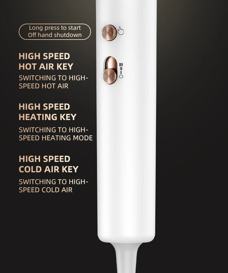 White wall-mounted hair dryer with rose gold controls, featuring high-speed hot and cold air settings for hair care.