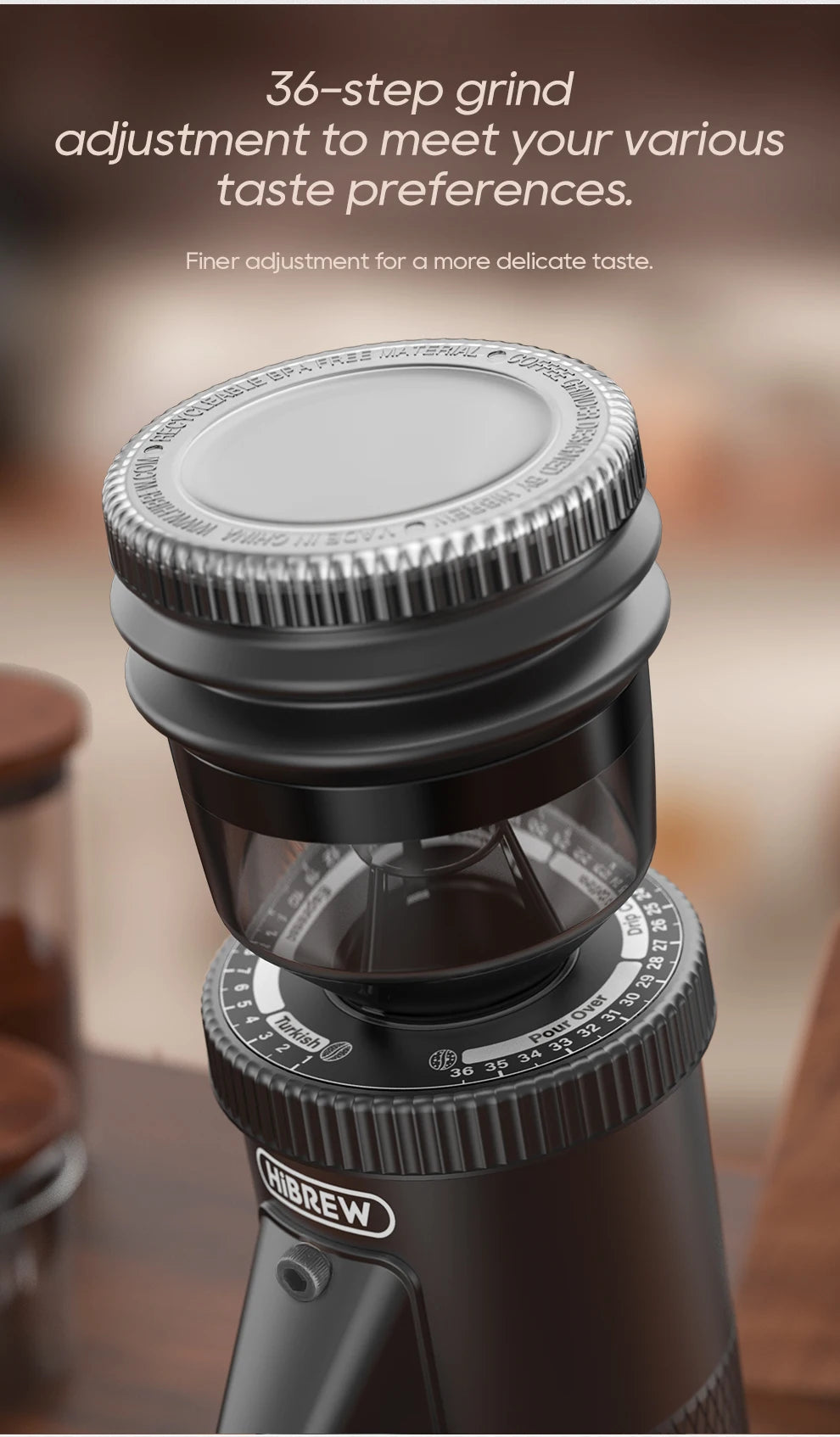 HiBREW black manual coffee grinder with 36-step precise grind adjustment dial for espresso to pour over brewing.