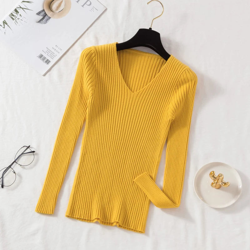 2026 Casual Long Sleeve Knitted V Neck Pullover Autumn Winter Women Sweaters Femme Basic Solid Jersey Tops Fashion Clothes