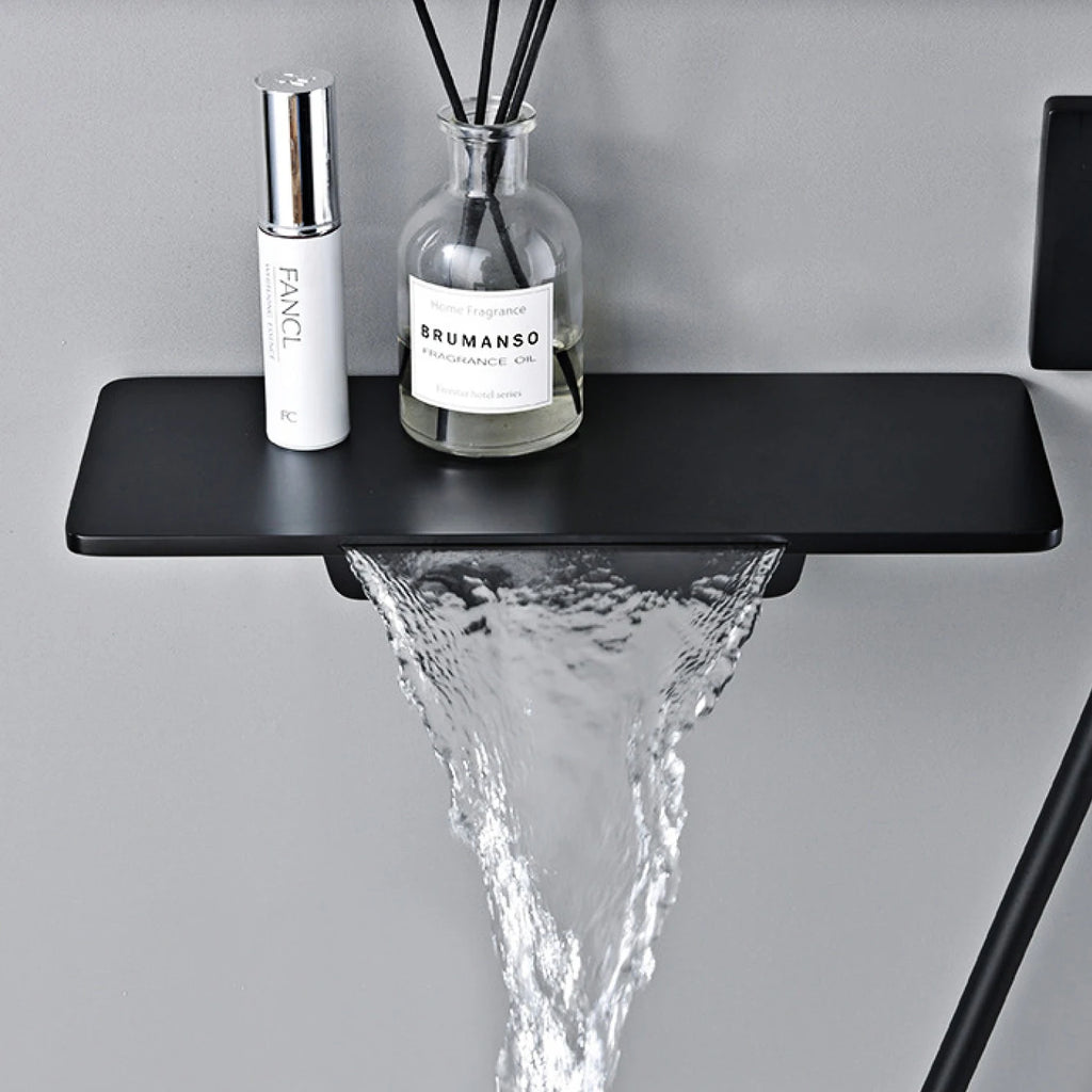 Modern Black Brass Bathroom Thermostatic Ceiling Type Shower System Wall-Mounted 3-Function Waterfall Tap for Cold & Hot Wate