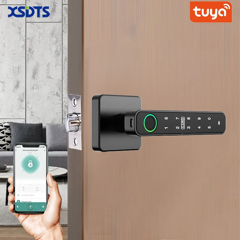 XSDTS Tuya Handle Fingerprint Key Card Digital Smart Door Lock Keypad Key Entry Electronic Lock Home House Apartment