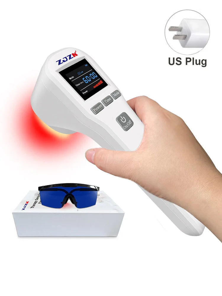 Handheld white infrared red light therapy device with digital display, protective glasses, and US plug.