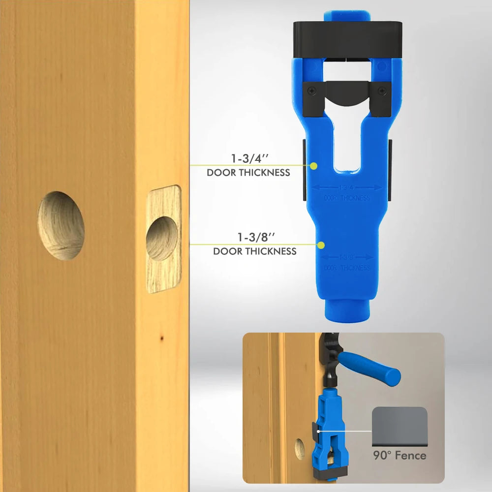 Blue door latch installation jig showing hole placement on a wood door