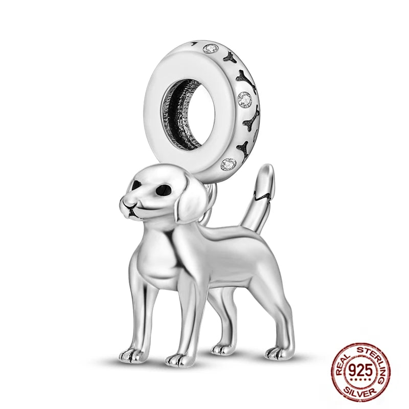 Cute 925 sterling silver dog charm pendant for DIY bracelets. Detailed puppy bead for pet lovers and jewelry making.
