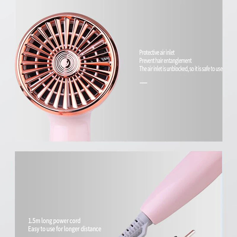 Pink Kemei portable hair dryer with rose gold protective air inlet and long power cord for travel and home use.