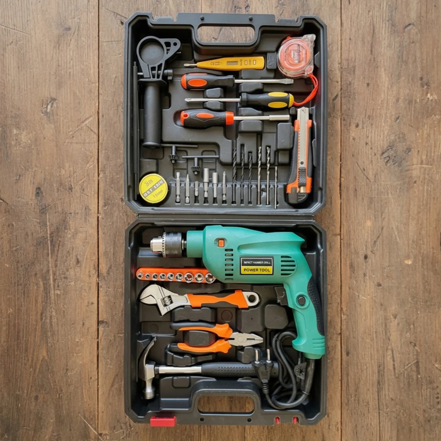Corded Impact Drill 550W with 37 Piece Accessory Kit in Carrying Case, Heavy Duty Electric Hammer Drill Set with Drill Bits Screwdriver Bits for Wood Metal Brick Concrete, Home DIY Renovation Repair Power Tool
