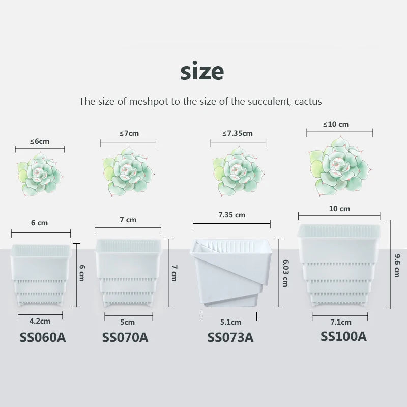 Pot size chart for meshpot succulent and cactus pots with height and diameter measurements
