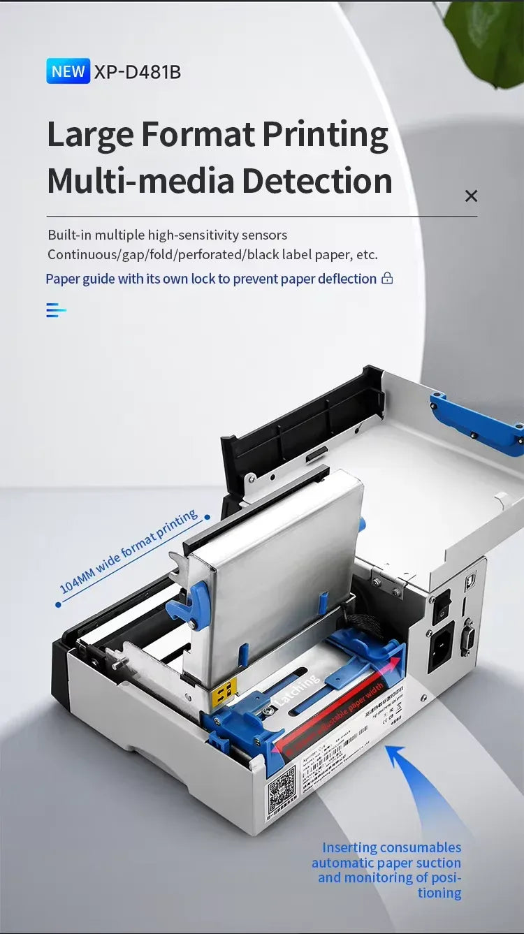 Industrial barcode label printer with large-format printing and multi-media detection