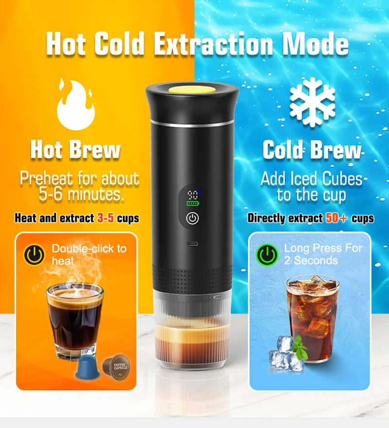 Portable black capsule coffee maker for hot and cold brew with digital display and rechargeable battery.