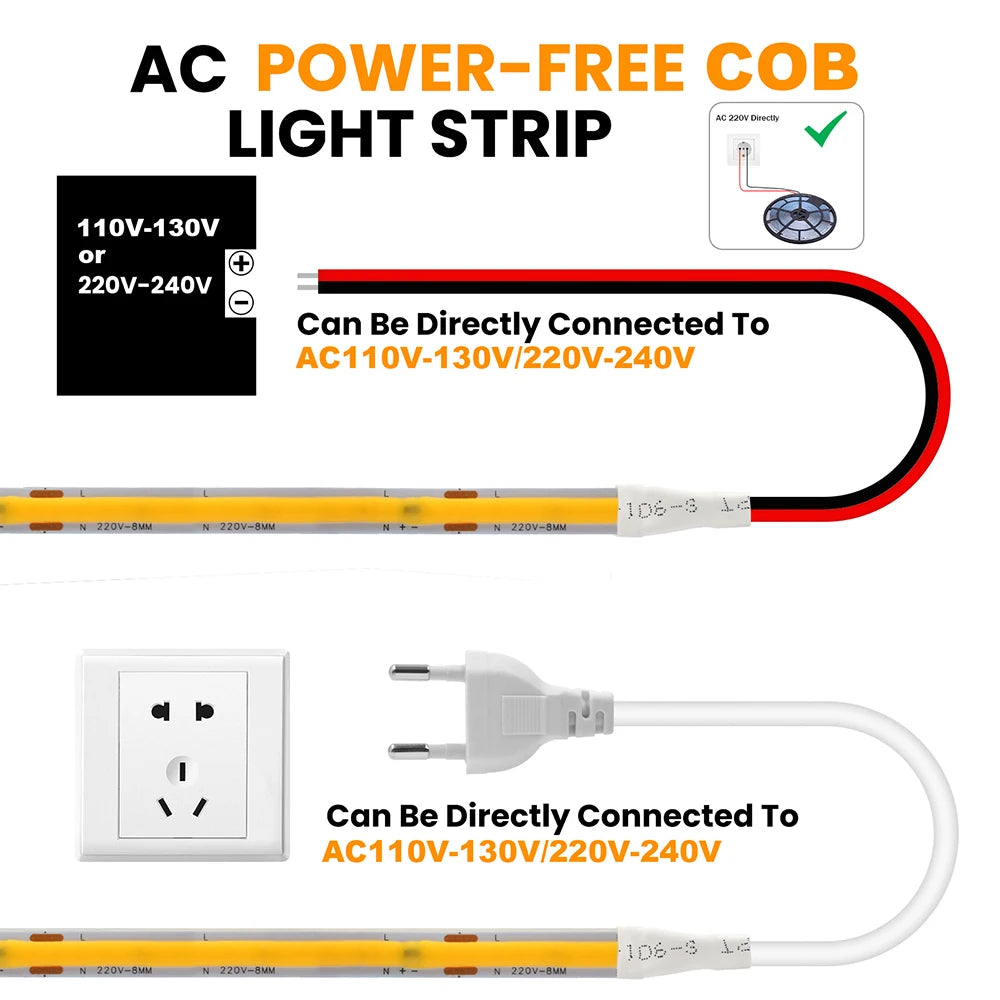 COB LED Strip Light Power Kit 220V 110V AC 3000K 4000K 6000K 2pin 240LEDs/m with IC Driver IP20 8mm PCB Dimmable Linear Lighting