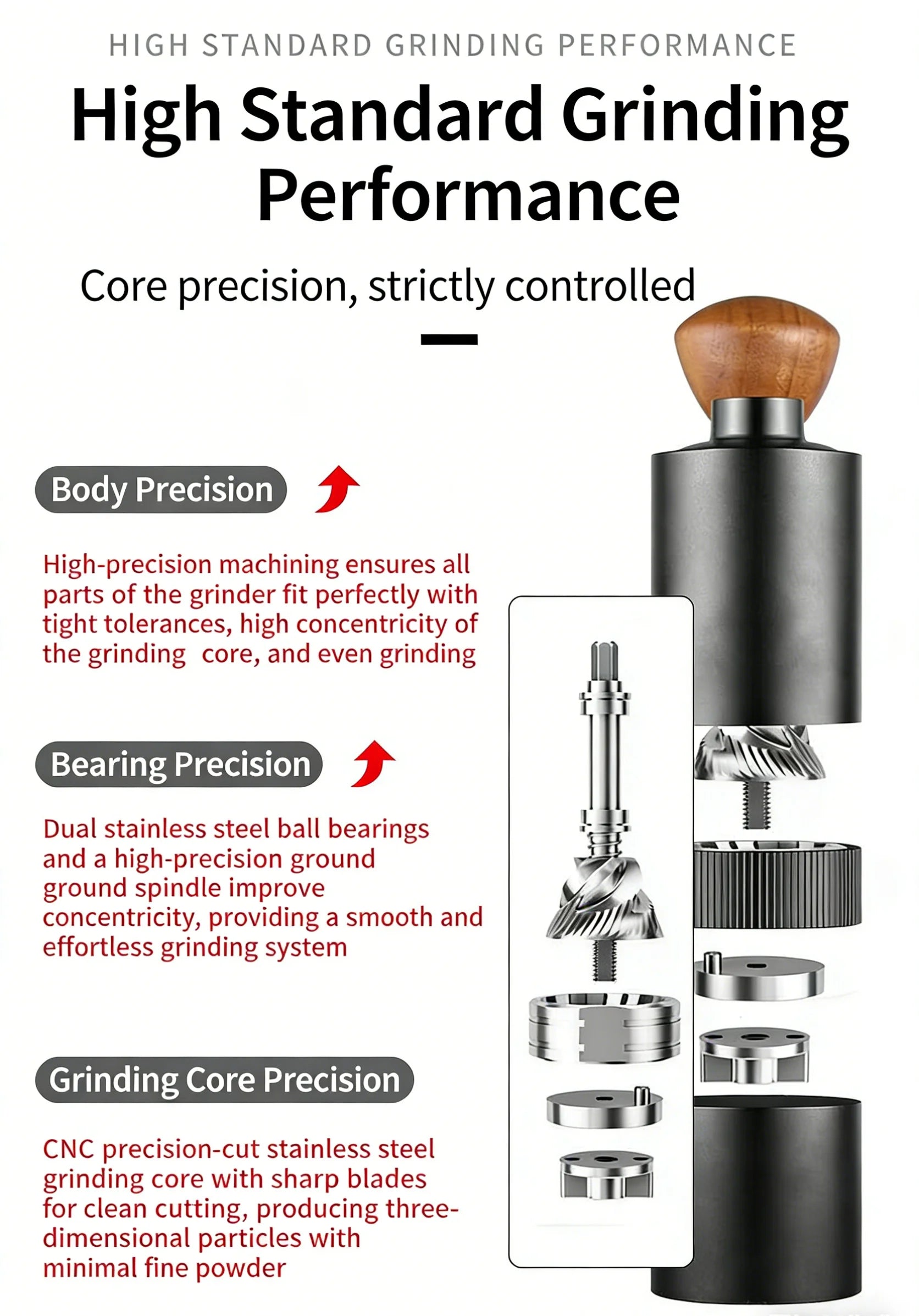 Black manual coffee grinder with wood handle, CNC stainless steel core, and precision ball bearing assembly.