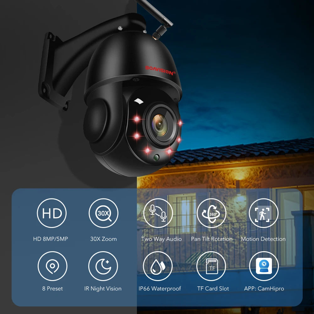 Outdoor IP Camera WIFI POE PTZ 30X Zoom 4K 8MP AI Auto Tracking Humanoid Detection Two Way Audio Security Camera