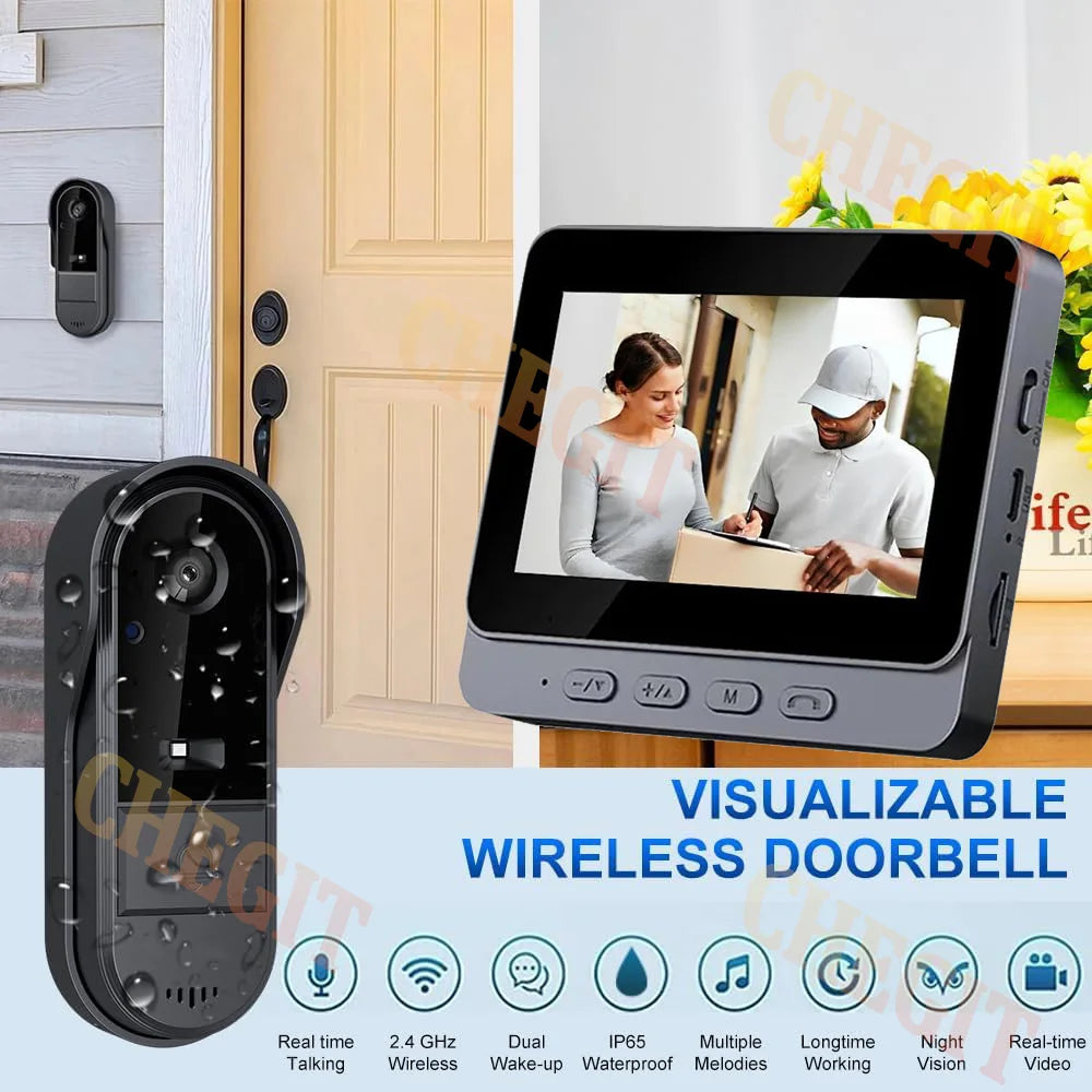 Wireless Wifi Doorbell Camera 1080P Video Intercom Doorbell Waterproof 4.3in IPS Screen Home Security Door Bell IR Night Vision
